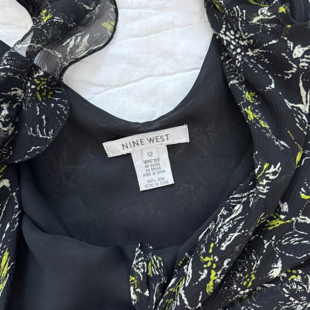 Vintage Nine West Black Green Silk Floral Chiffon Midi Dress Sz 12 - Picture 2 of 8